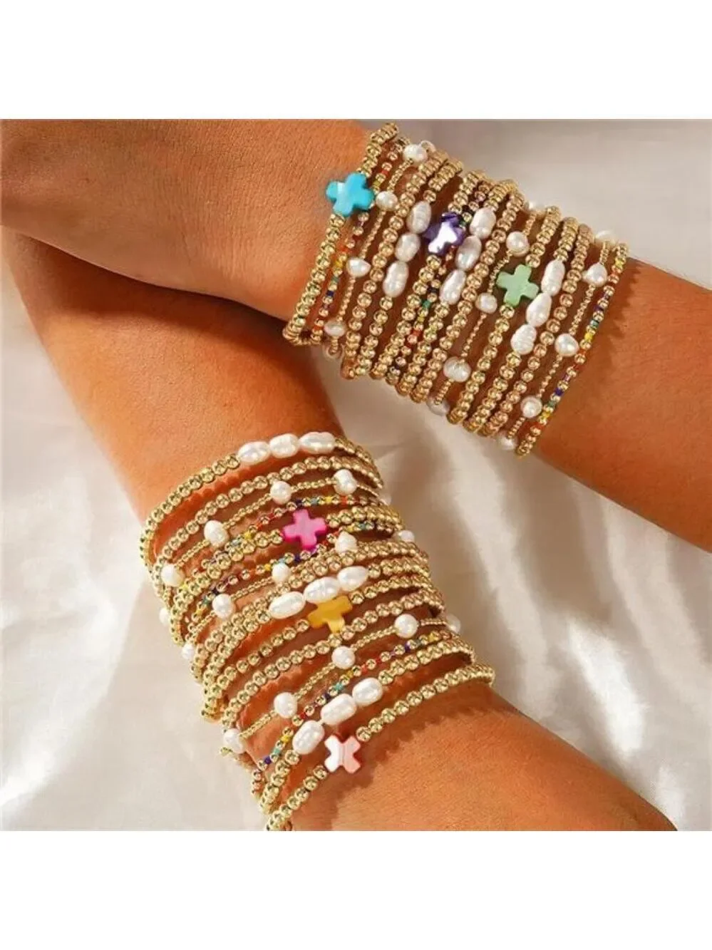 Gold Pearl Beaded Cross Bracelet Set Stretch Boho Layered Christian Jewelry